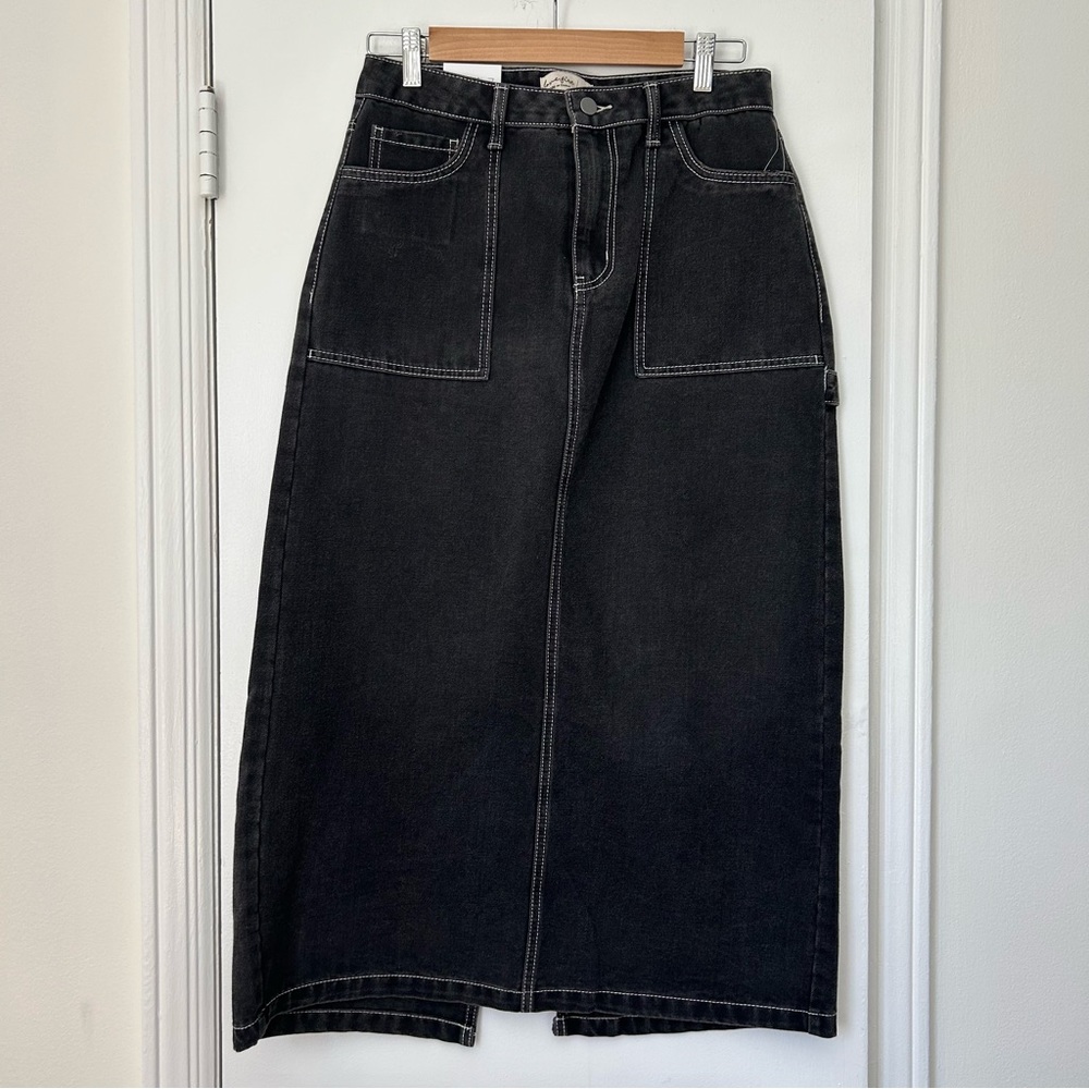 Love Fire Black Grey Denim Y2K Skater Punk Cargo Midi Skirt Women’s Size 7